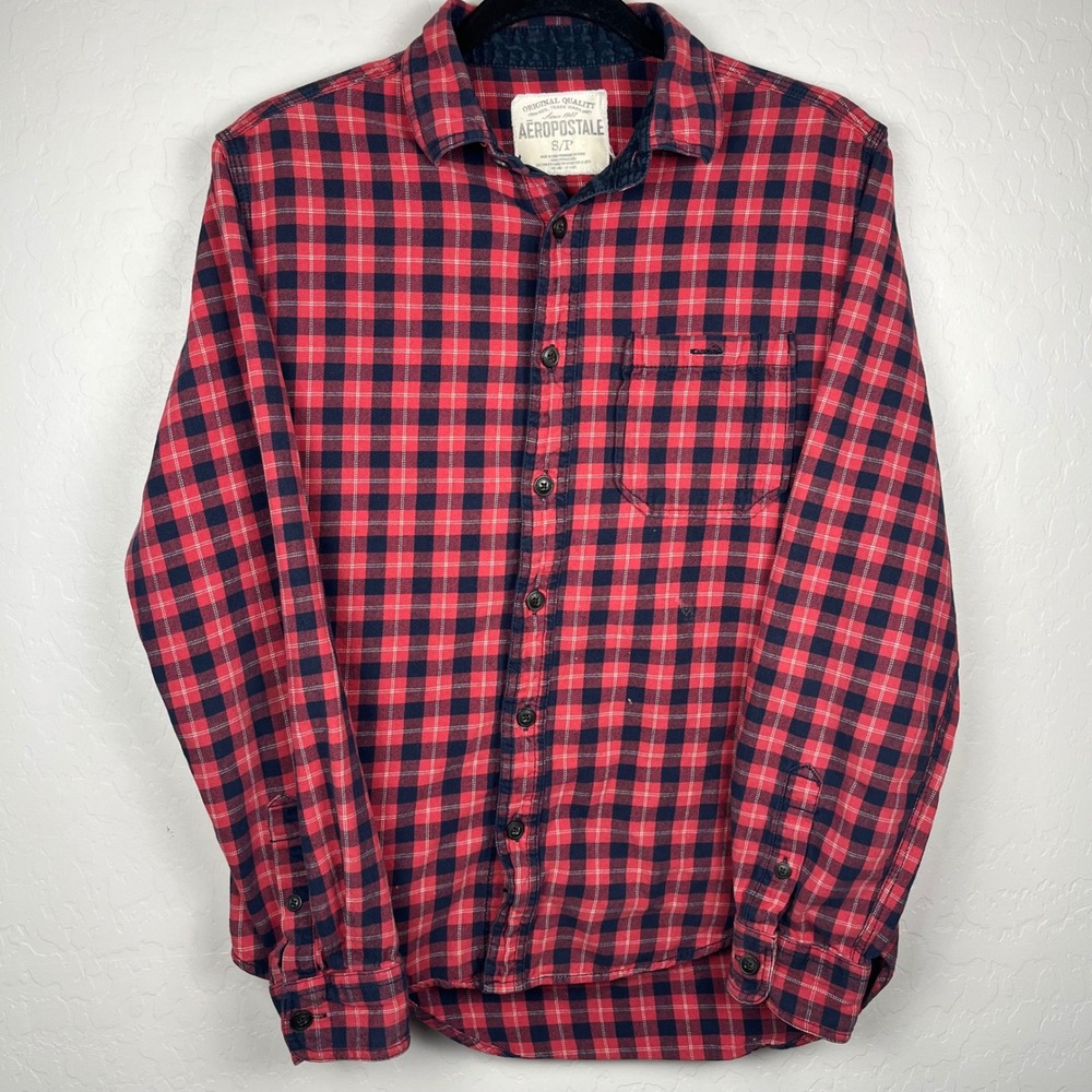 Aeropostale Mens Flannel Shirt Small Red Blue Plaid Long Sleeve Button Up